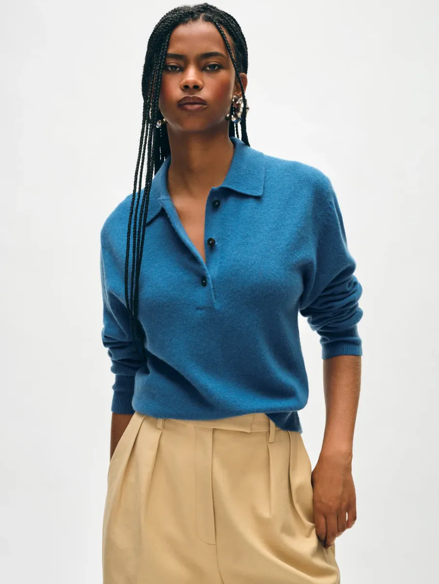Fashion White + Warren cashmere button polo BlueJean