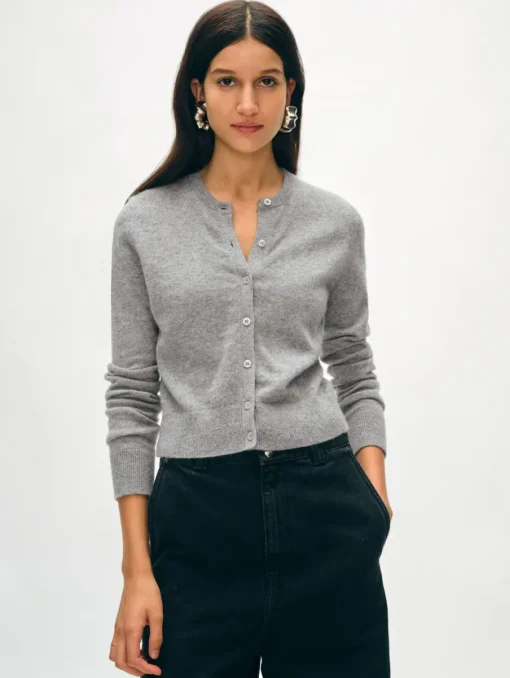 Best White + Warren cashmere crewneck cardigan GreyHeather