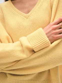 Hot White + Warren cashmere cuffed v neck YellowMimosa