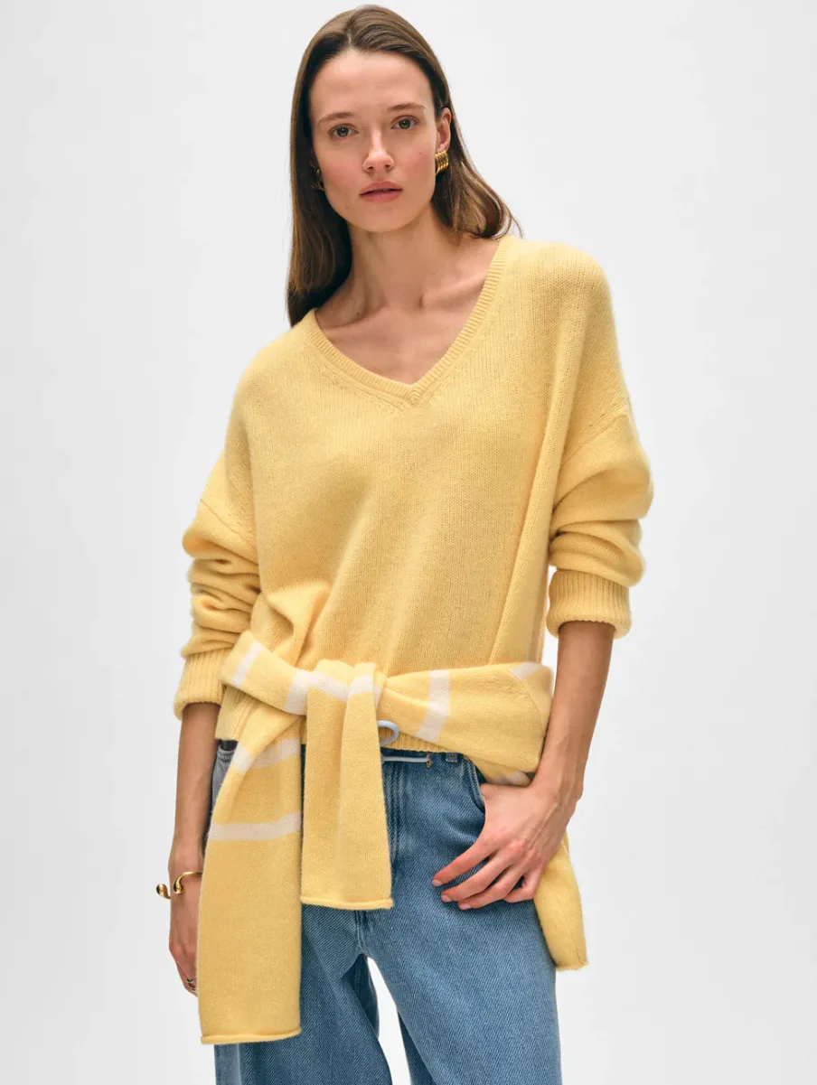 Hot White + Warren cashmere cuffed v neck YellowMimosa