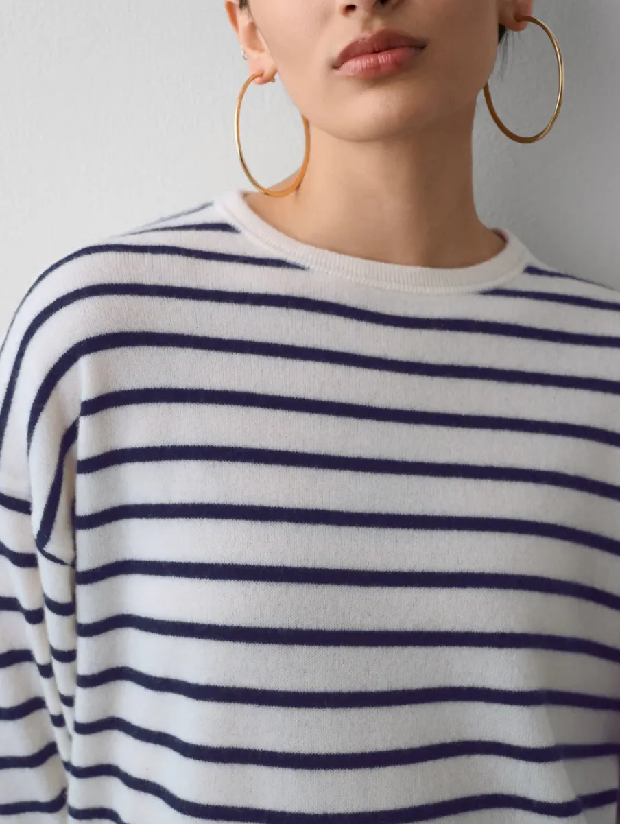 Outlet White + Warren cashmere drop shoulder striped sweater SoftWhite/Navy