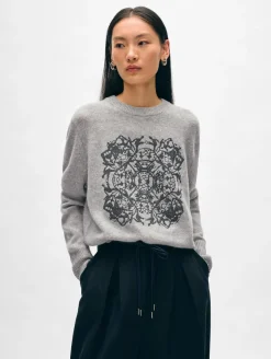 New White + Warren cashmere fairytale embroidered crewneck Grey/navy