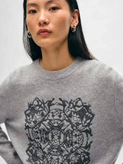New White + Warren cashmere fairytale embroidered crewneck Grey/navy