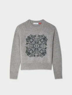 New White + Warren cashmere fairytale embroidered crewneck Grey/navy