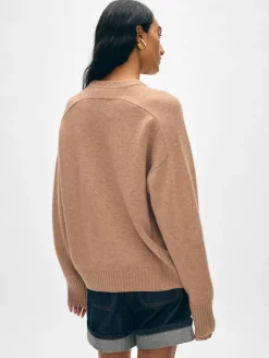 Fashion White + Warren cashmere floral appliqué crewneck Camel/White
