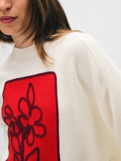 Clearance White + Warren cashmere floral appliqué crewneck SoftWhite/Scarlet