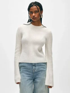 Clearance White + Warren cashmere fluted sleeve top SoftWhite