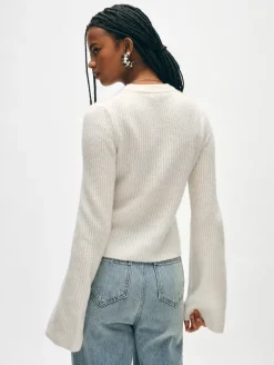 Clearance White + Warren cashmere fluted sleeve top SoftWhite