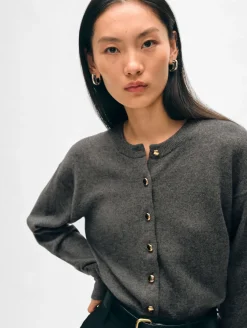 Hot White + Warren cashmere gold button cardigan GraphiteHeather