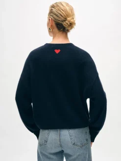 New White + Warren cashmere heart drop shoulder sweater DeepNavy