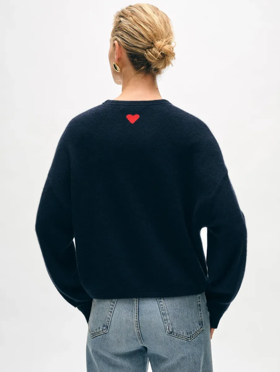 New White + Warren cashmere heart drop shoulder sweater DeepNavy