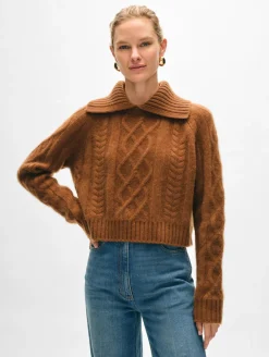 New White + Warren cashmere luxe cable collar crewneck CedarBrown