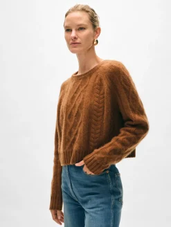 New White + Warren cashmere luxe cable collar crewneck CedarBrown