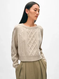 Fashion White + Warren cashmere luxe cable collar crewneck NaturalHeather