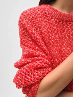 New White + Warren cashmere marled mesh crewneck BrightScarletCombo