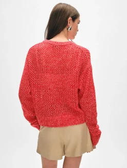 New White + Warren cashmere marled mesh crewneck BrightScarletCombo