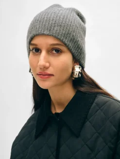 New White + Warren cashmere plush rib beanie GraphiteHeather