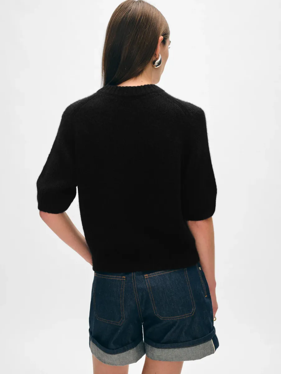 Clearance White + Warren cashmere puff sleeve crewneck Black