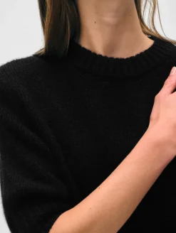 New White + Warren cashmere puff sleeve crewneck Black