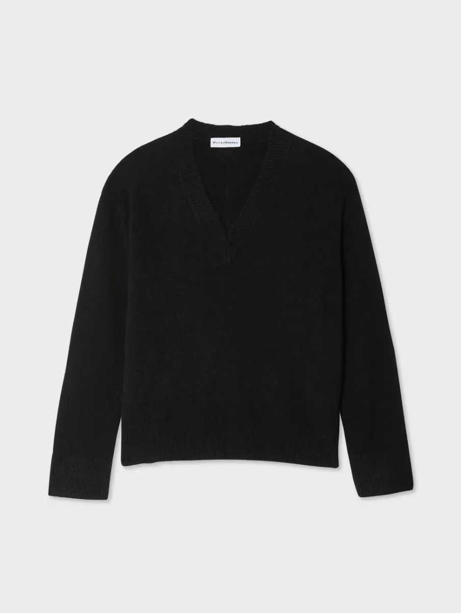 Discount White + Warren cashmere relaxed v neck Black