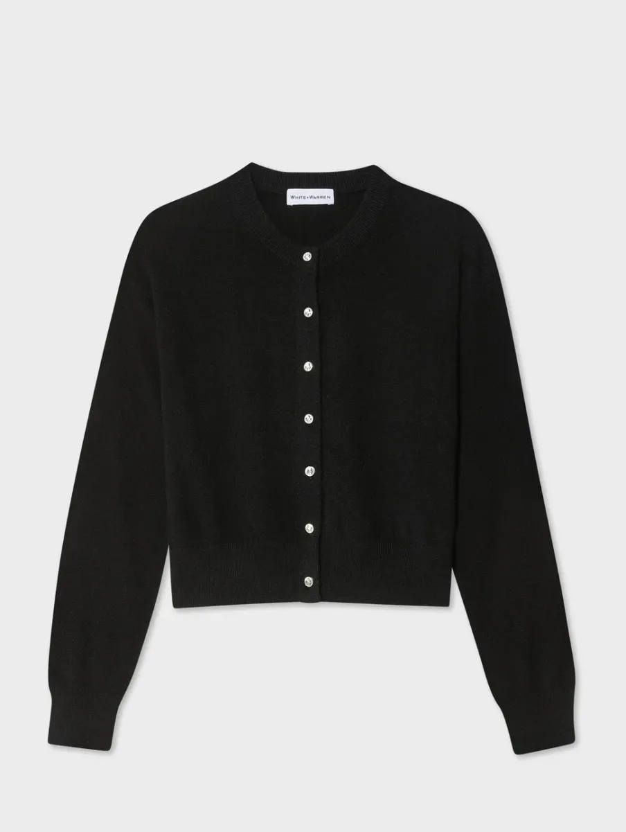 Hot White + Warren cashmere rhinestone button cardigan Black