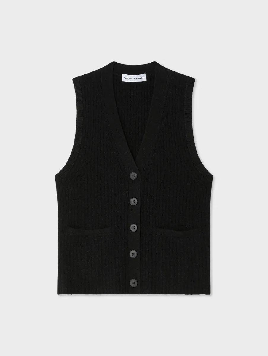 Best White + Warren cashmere ribbed button vest Black
