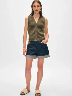 Outlet White + Warren cashmere ribbed button vest Loden