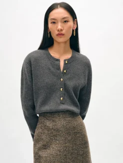 New White + Warren cashmere ribbed gold button henley GraphiteHeather