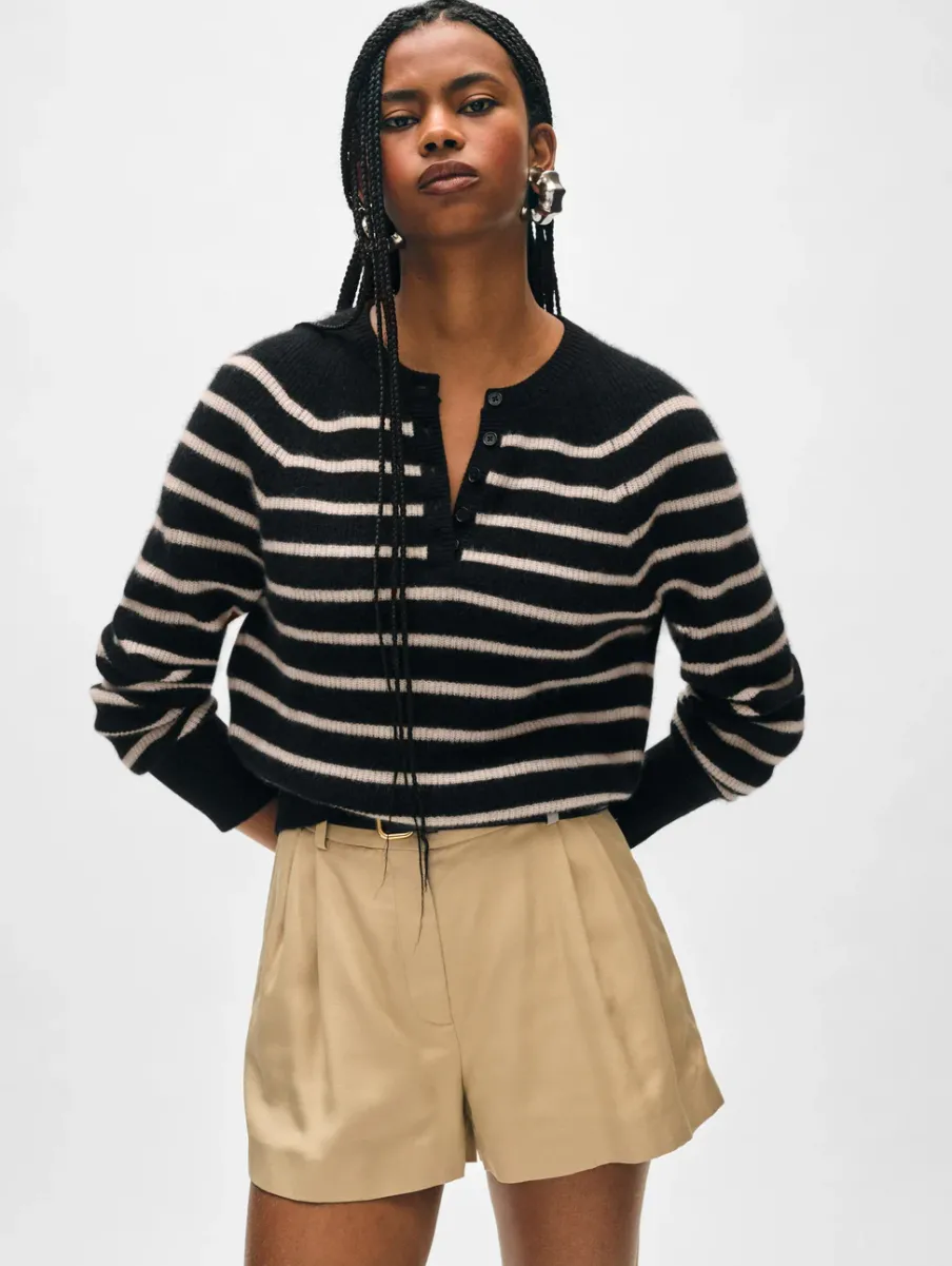 Hot White + Warren cashmere ribbed striped henley Black/Natural