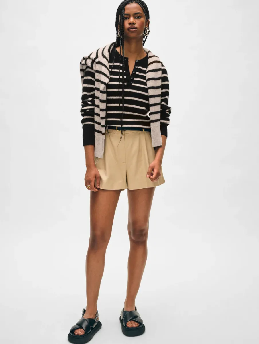 Hot White + Warren cashmere ribbed striped henley Black/Natural