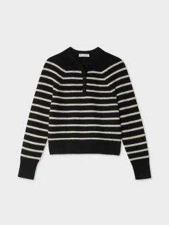 Hot White + Warren cashmere ribbed striped henley Black/Natural