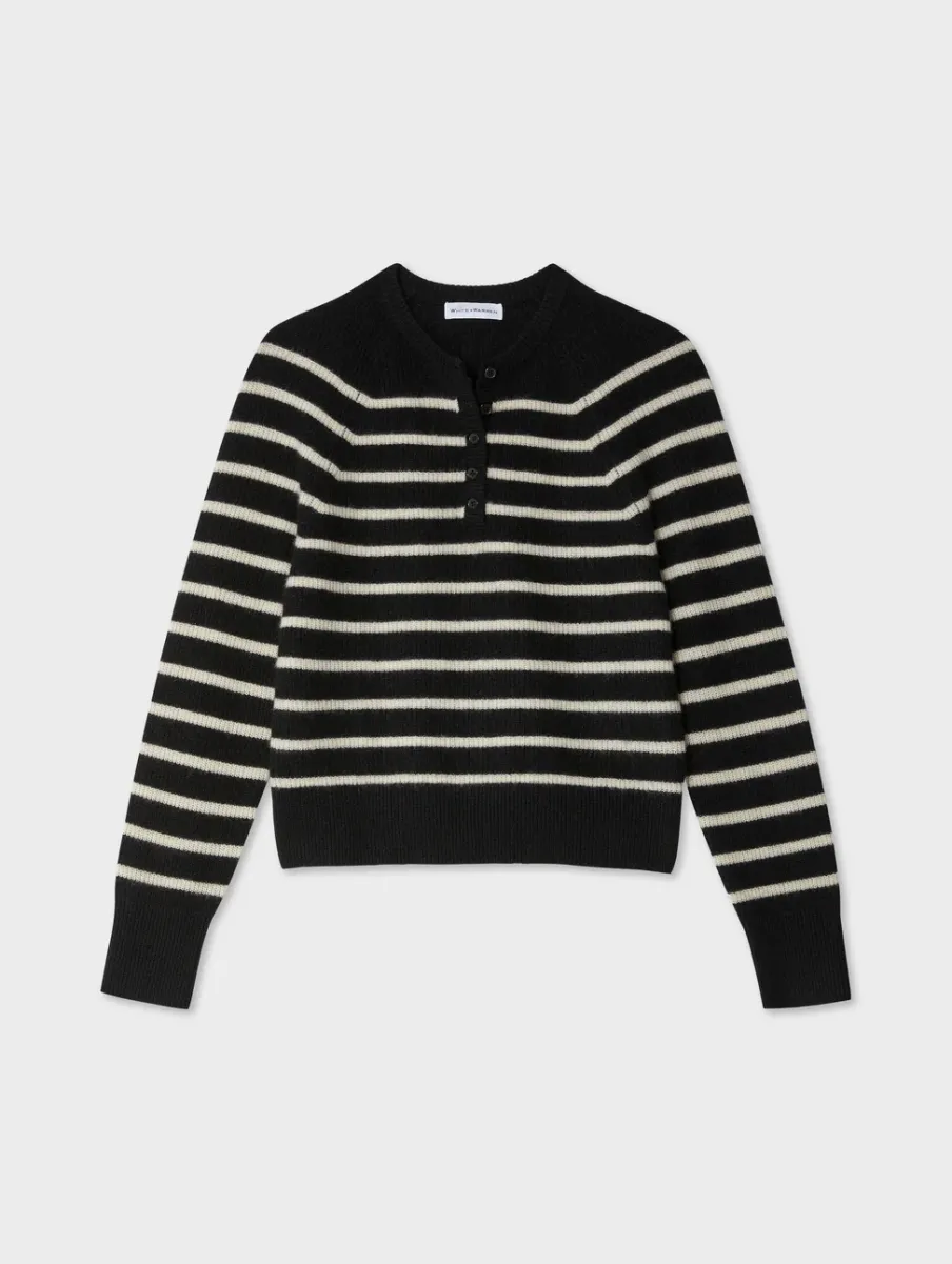 Hot White + Warren cashmere ribbed striped henley Black/Natural