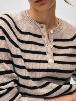 Online White + Warren cashmere ribbed striped henley Sandwisp/Black