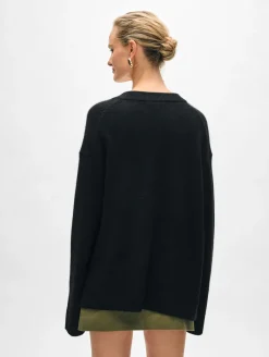 Clearance White + Warren cashmere side slit v neck Black