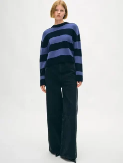 New White + Warren cashmere striped crewneck DeepNavy/BlueDusk