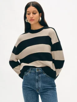 Online White + Warren cashmere striped crewneck Black/Natural
