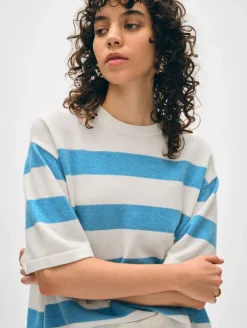 Best White + Warren cashmere striped easy tee SoftWhite/MediterraneanHeather