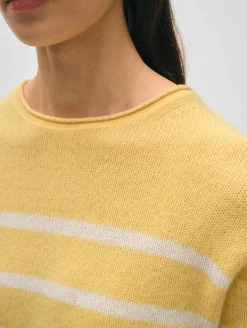 Best White + Warren cashmere striped roll trim crewneck YellowMimosa/White