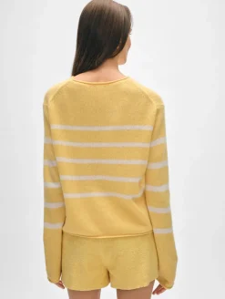 Best White + Warren cashmere striped roll trim crewneck YellowMimosa/White