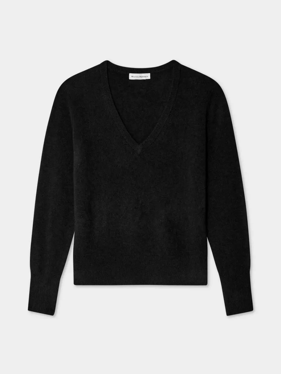 Discount White + Warren cashmere v neck Black