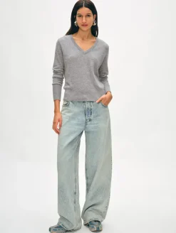 Clearance White + Warren cashmere v neck GreyHeather