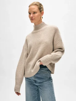 New White + Warren cashmere waffle standneck SandWispHeather