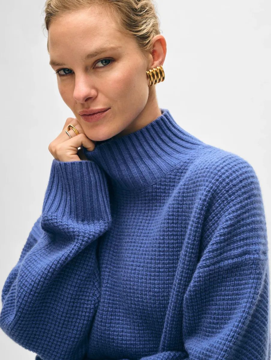 New White + Warren cashmere waffle standneck BlueDusk