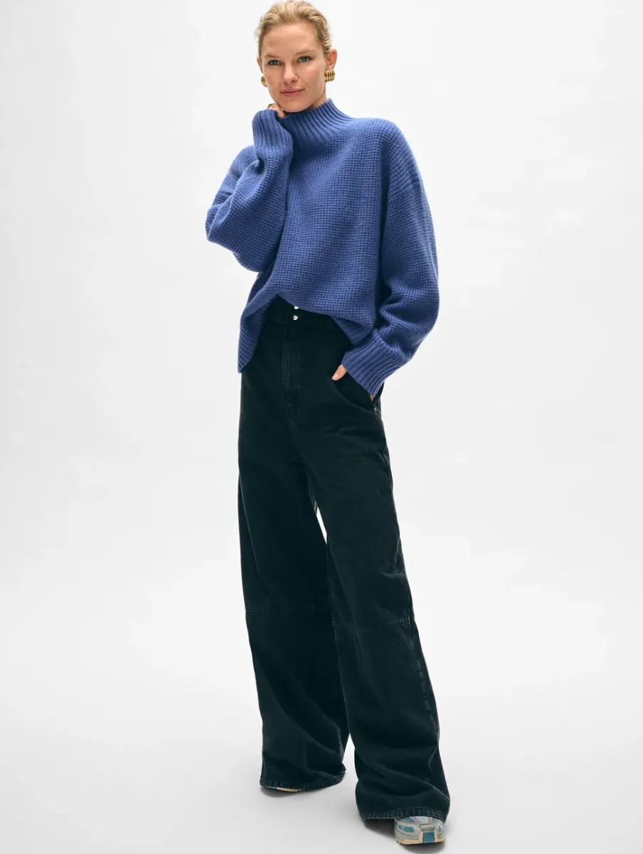 New White + Warren cashmere waffle standneck BlueDusk