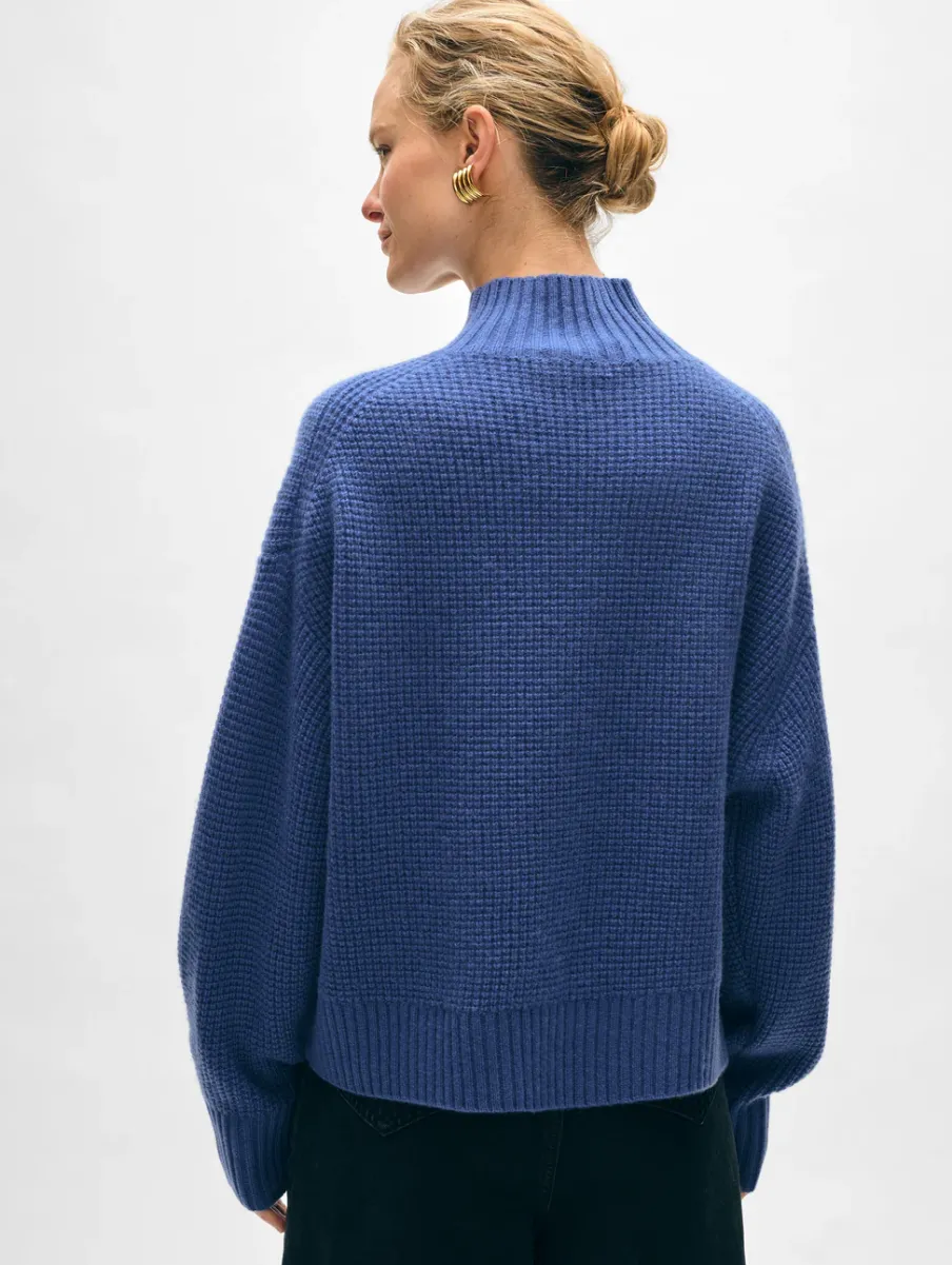 New White + Warren cashmere waffle standneck BlueDusk