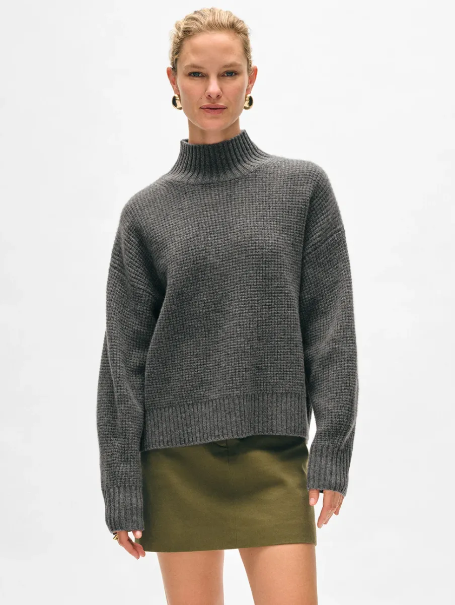 Fashion White + Warren cashmere waffle standneck GraphiteHeather