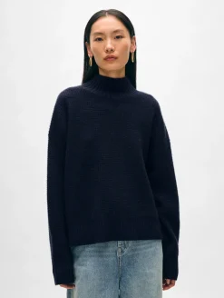 Clearance White + Warren cashmere waffle standneck DeepNavy