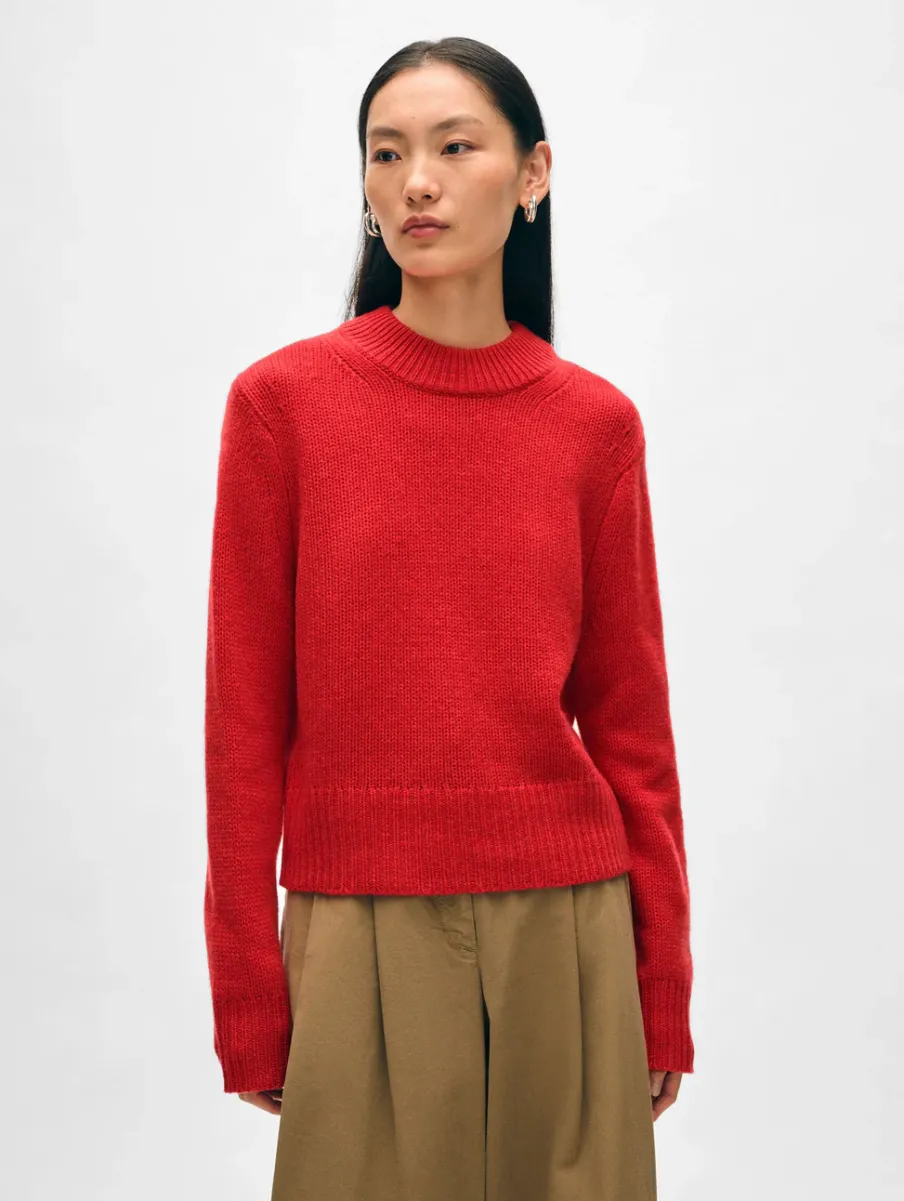 New White + Warren cashmere wide rib trim crewneck CarmineRed