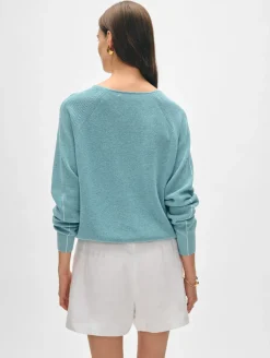 Online White + Warren cotton linen tipped v neck SoftAqua/White