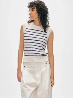 Discount White + Warren cotton slub rib trim tank Ivory/Navy